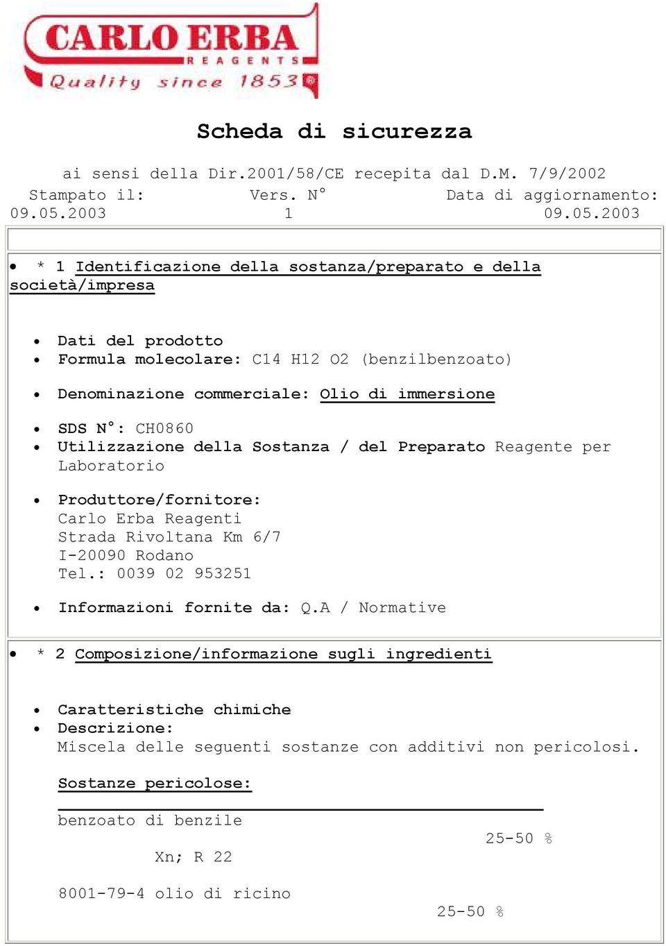 2003 * 1 Identificazione della sostanza/preparato e della società/impresa Dati del prodotto Formula molecolare: C14 H12 O2 (benzilbenzoato) Denominazione commerciale: Olio di immersione SDS N :