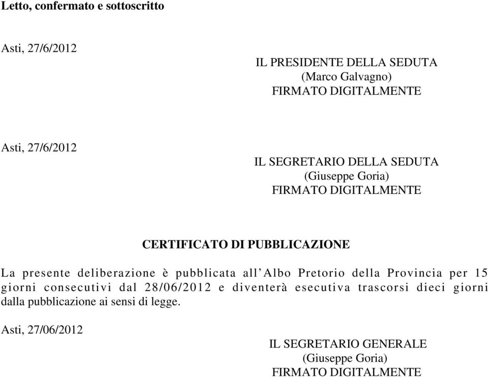 pubblicata all Albo Pretorio della Provincia per 15 giorni consecutivi dal 28/06/2012 e diventerà esecutiva