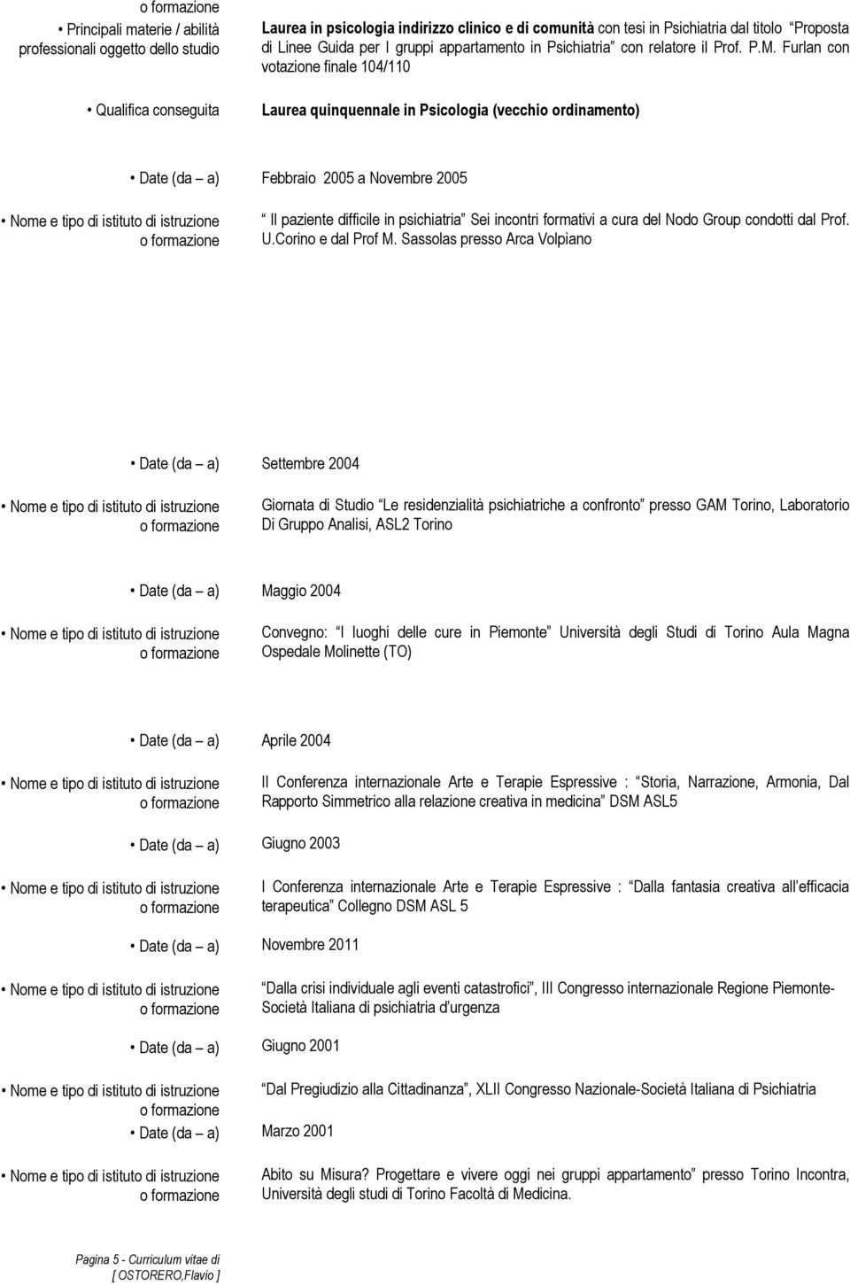 Furlan con votazione finale 104/110 Laurea quinquennale in Psicologia (vecchio ordinamento) Date (da a) Febbraio 2005 a Novembre 2005 Il paziente difficile in psichiatria Sei incontri formativi a