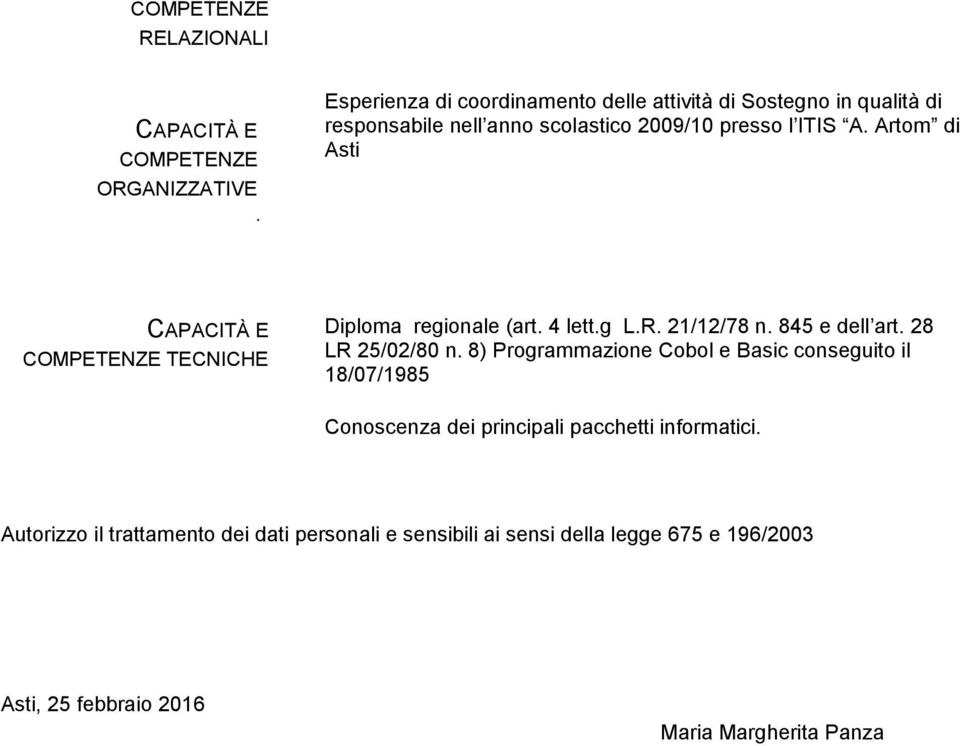 Artom di Asti CAPACITÀ E COMPETENZE TECNICHE Diploma regionale (art. 4 lett.g L.R. 21/12/78 n. 845 e dell art. 28 LR 25/02/80 n.