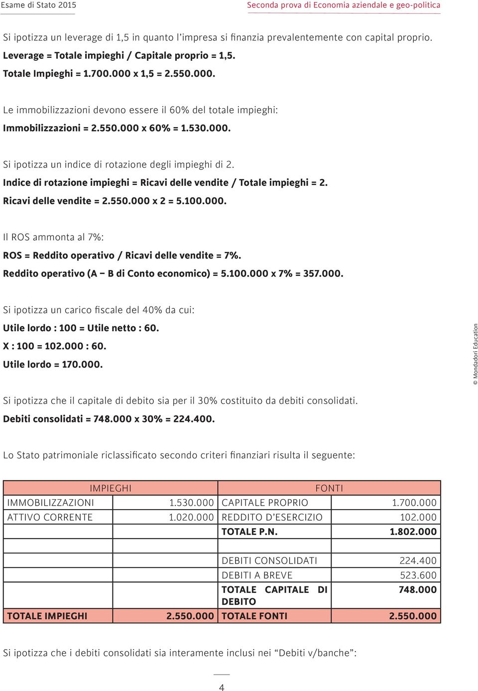 Indice di rotazione impieghi = Ricavi delle vendite / Totale impieghi = 2. Ricavi delle vendite = 2.550.000 x 2 = 5.100.000. Il ROS ammonta al 7%: ROS = Reddito operativo / Ricavi delle vendite = 7%.