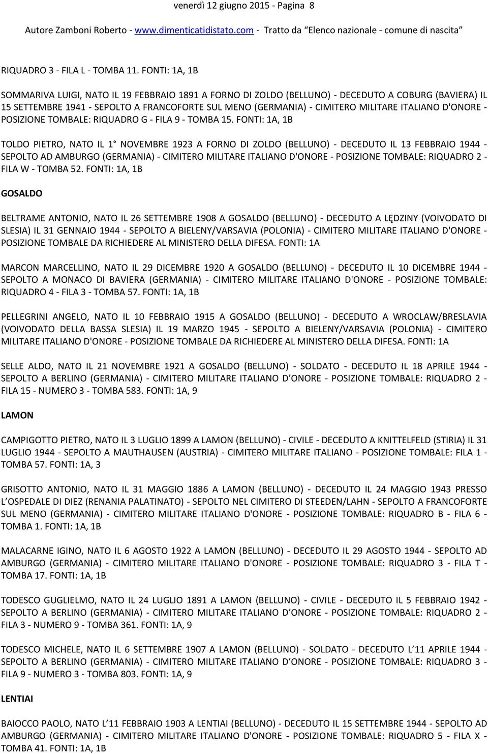 ITALIANO D'ONORE - POSIZIONE TOMBALE: RIQUADRO G - FILA 9 - TOMBA 15.