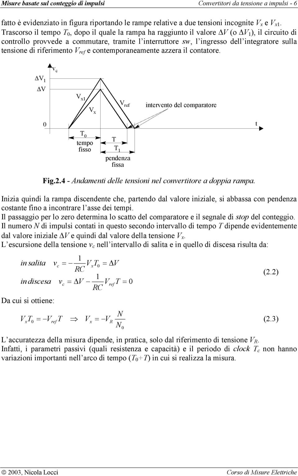 riferimento V ref e contemporaneamente azzera il contatore. Fig..4 - Andamenti delle tensioni nel conertitore a doppia rampa.