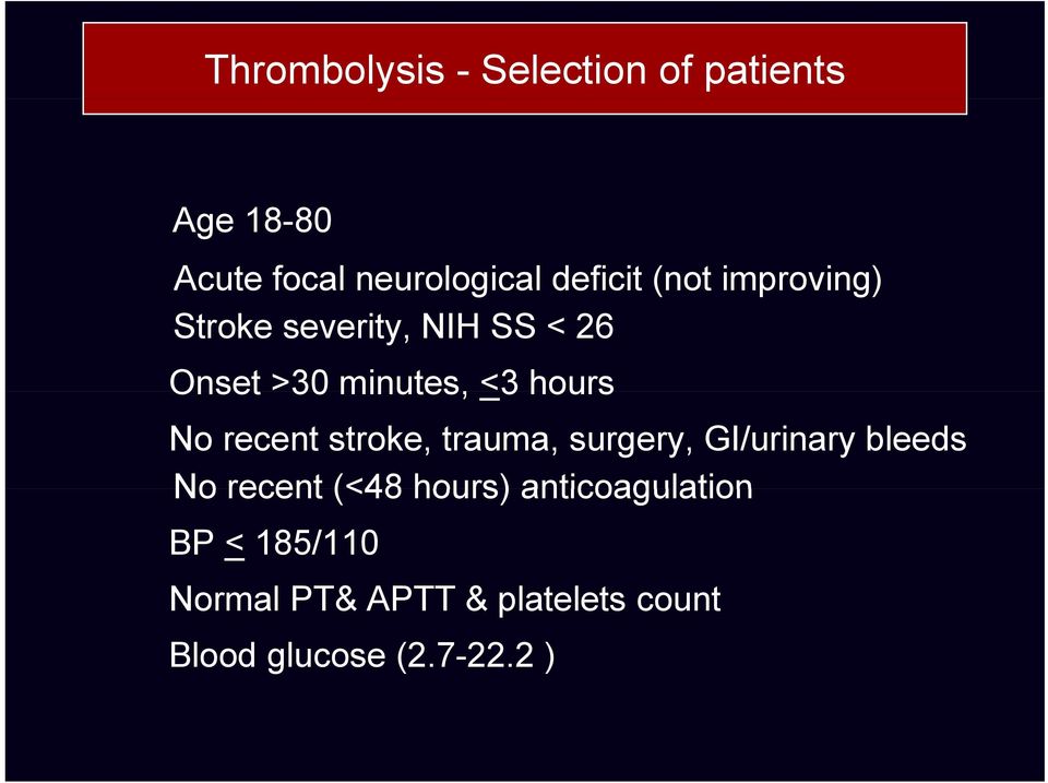 recent stroke, trauma, surgery, GI/urinary bleeds No recent (<48 hours)