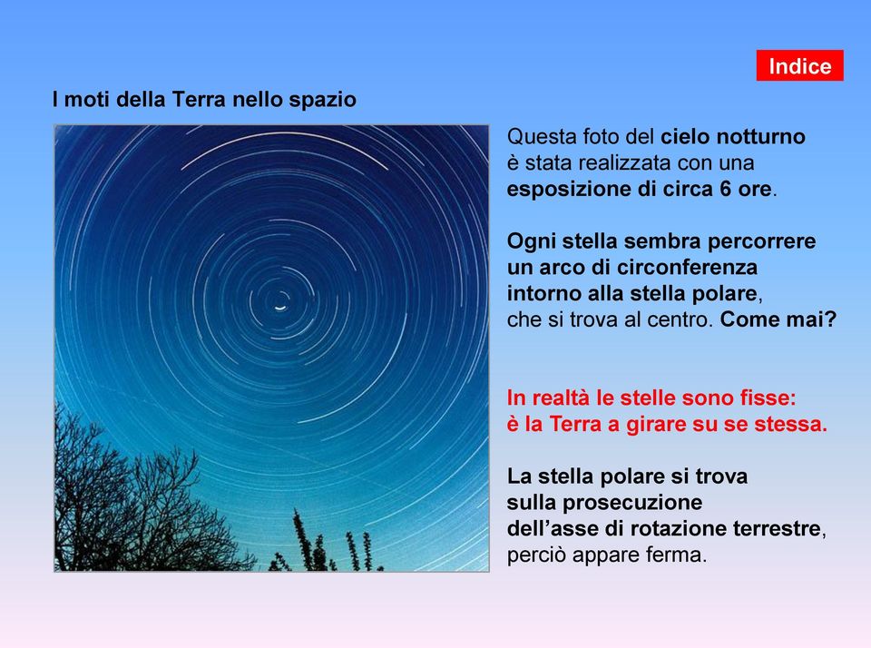 Ogni stella sembra percorrere un arco di circonferenza intorno alla stella polare, che si trova al