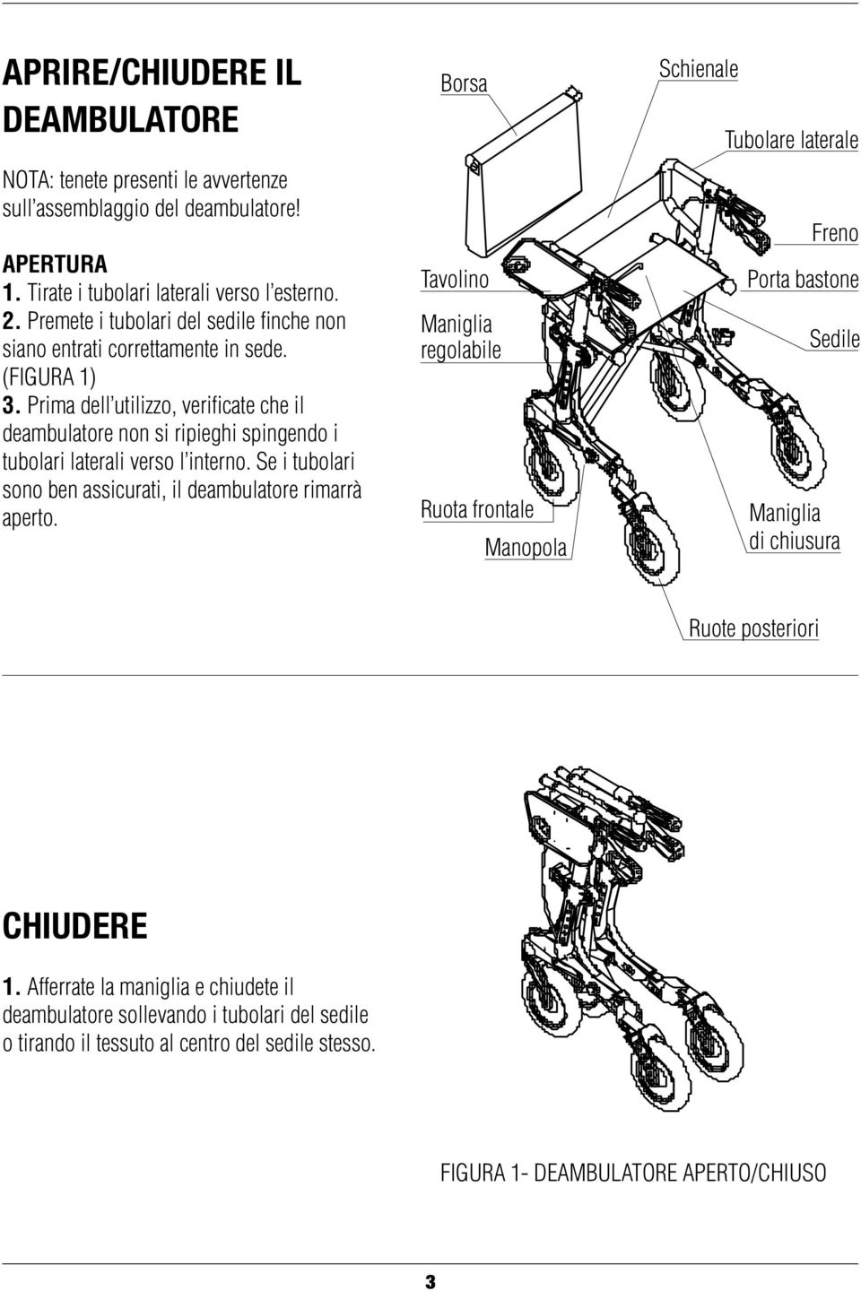 Prima dell utilizzo, verificate che il deambulatore non si ripieghi spingendo i tubolari laterali verso l interno. Se i tubolari sono ben assicurati, il deambulatore rimarrà aperto.