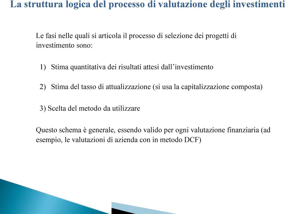 del tasso di attualizzazione (si usa la capitalizzazione composta) 3) Scelta del metodo da utilizzare Questo schema