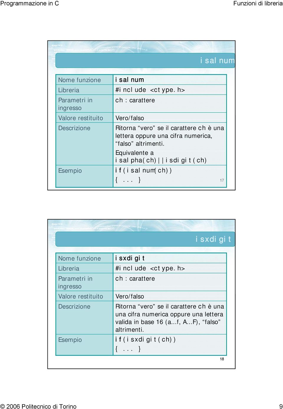 .. } 17 isxdigit isxdigit Vero/falso Ritorna vero se il carattere ch è una una cifra numerica