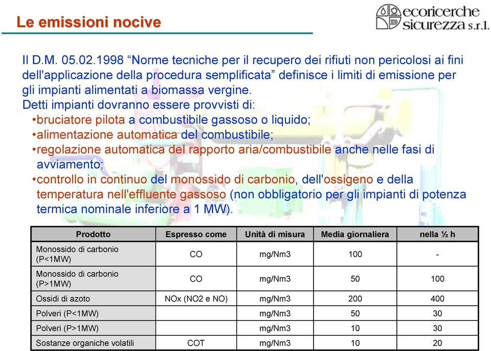 Detti impianti dovranno essere provvisti di: bruciatore pilota a combustibile gassoso o liquido; alimentazione automatica del combustibile; regolazione automatica del rapporto aria/combustibile anche