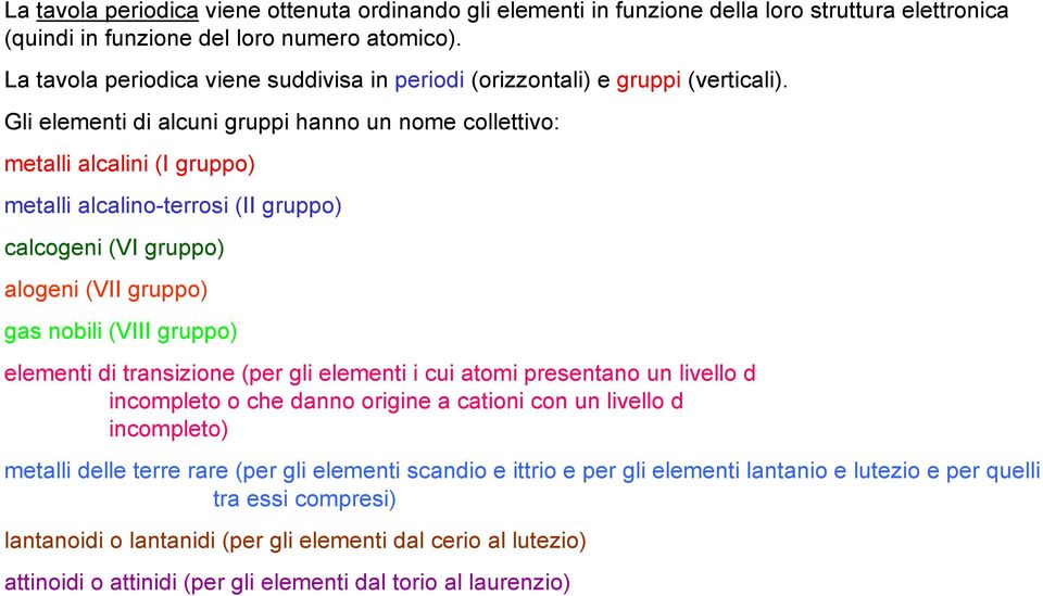 Gli elementi di alcuni gruppi hanno un nome collettivo: metalli alcalini (I gruppo) metalli alcalinoterrosi (II gruppo) calcogeni (VI gruppo) alogeni (VII gruppo) gas nobili (VIII gruppo) elementi di