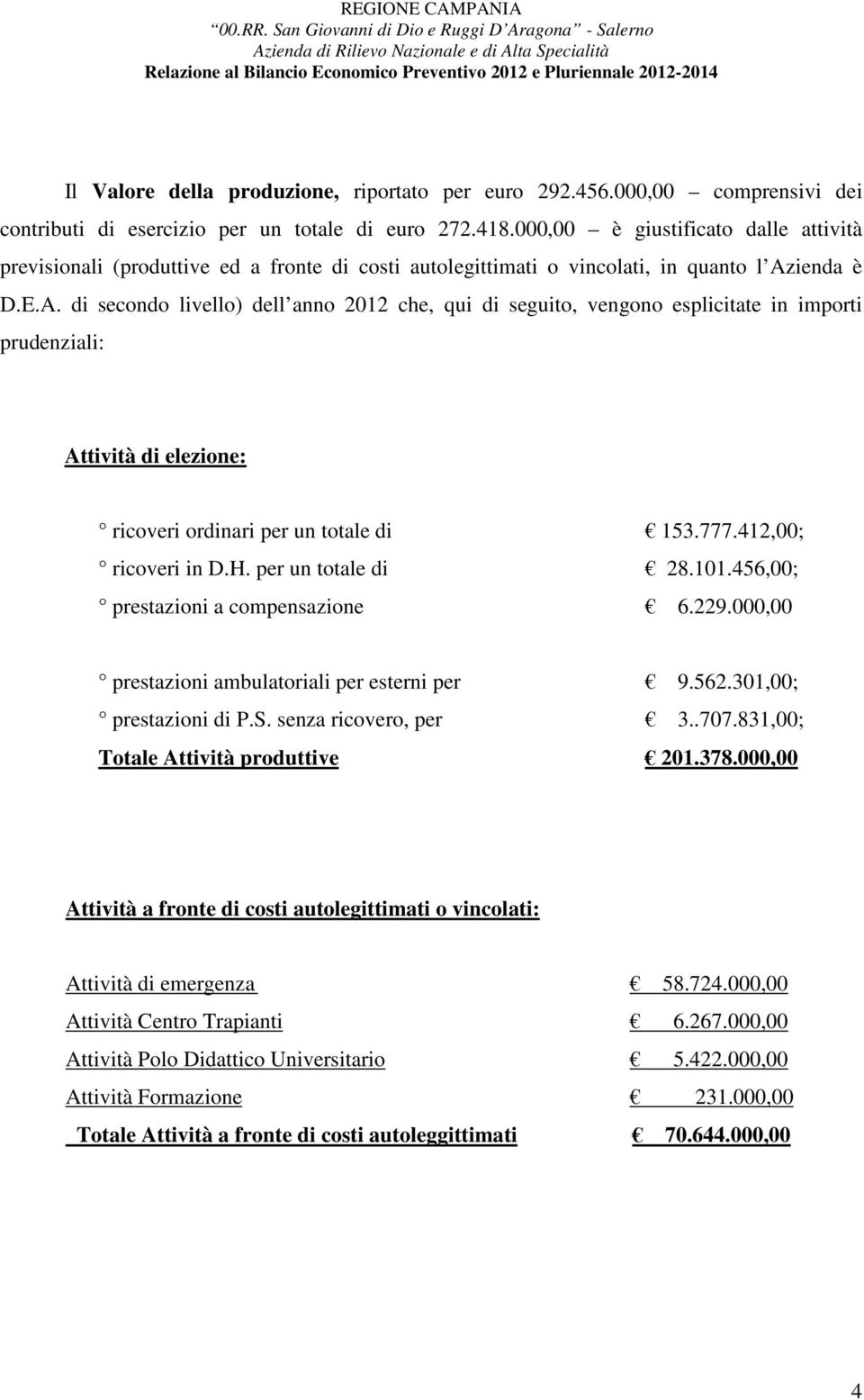 ienda è D.E.A. di secondo livello) dell anno 2012 che, qui di seguito, vengono esplicitate in importi prudenziali: Attività di elezione: ricoveri ordinari per un totale di 153.777.