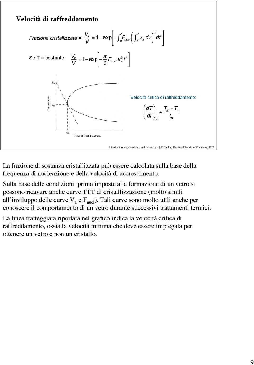 Shelby, The Royal Society of Chemistry, 1997 La frazione di sostanza cristallizzata può essere calcolata sulla base della frequenza di nucleazione e della velocità di accrescimento.