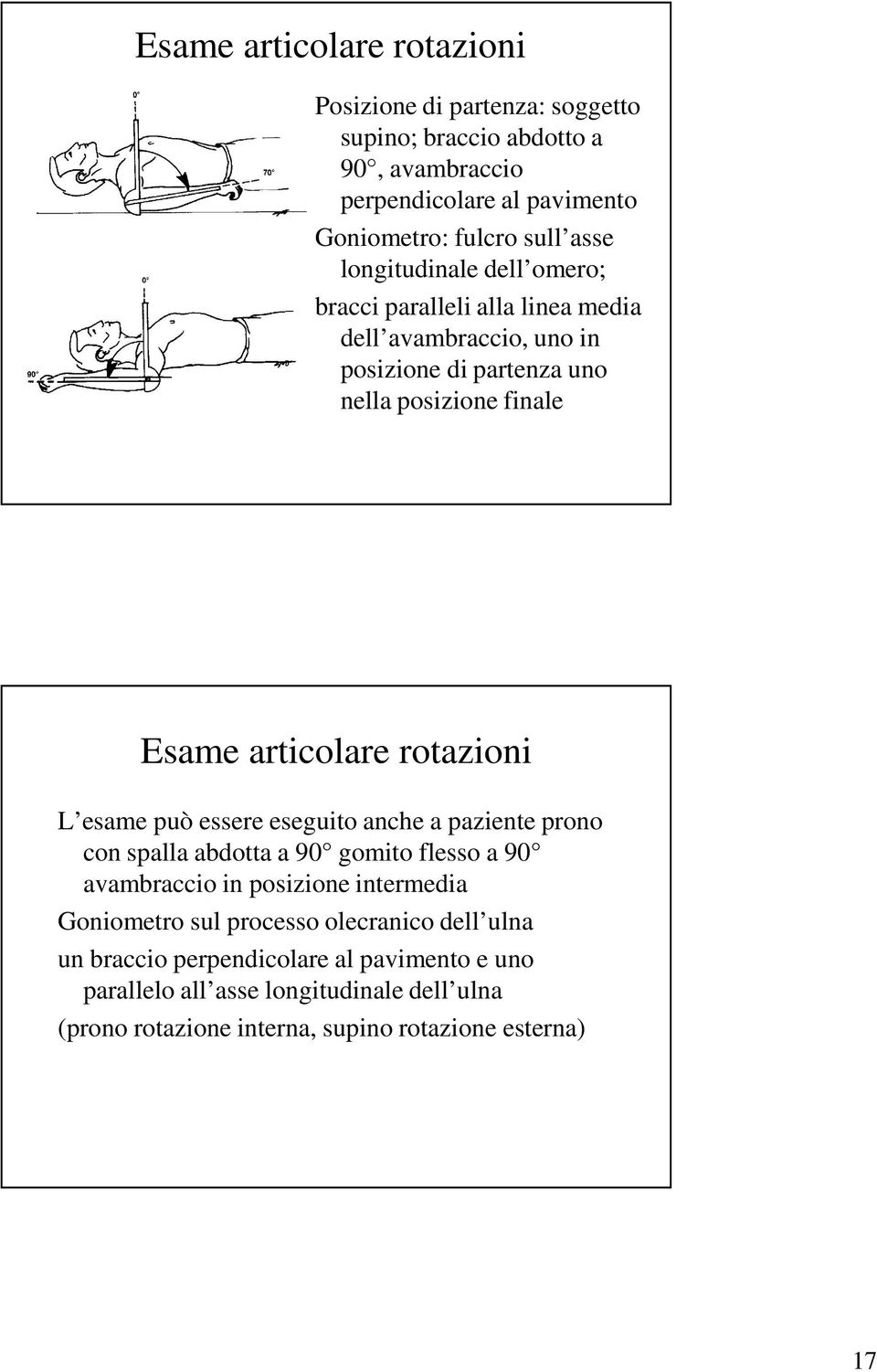 rotazioni L esame può essere eseguito anche a paziente prono con spalla abdotta a 90 gomito flesso a 90 avambraccio in posizione intermedia Goniometro sul