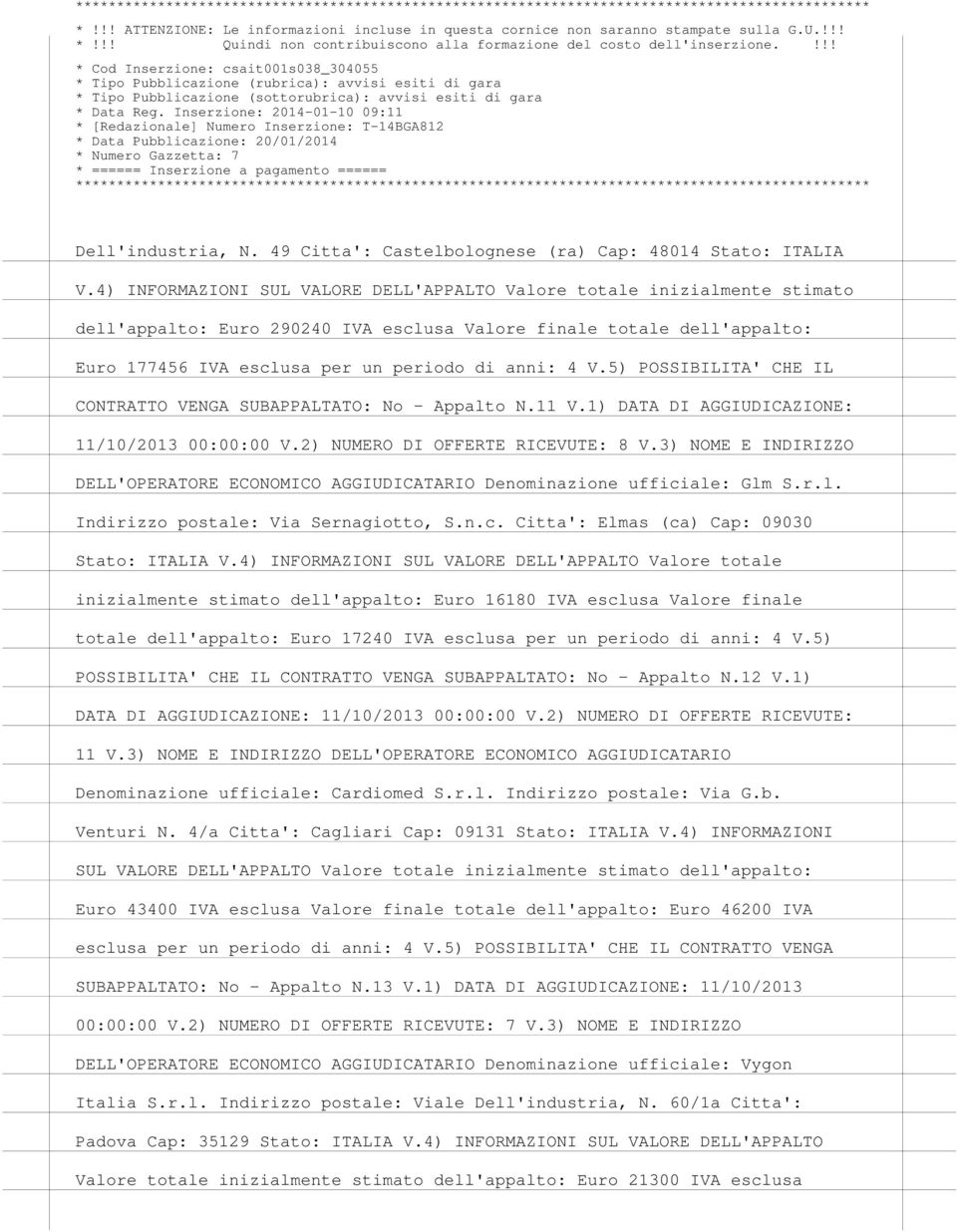 5) POSSIBILITA' CHE IL CONTRATTO VENGA SUBAPPALTATO: No - Appalto N.11 V.1) DATA DI AGGIUDICAZIONE: 11/10/2013 00:00:00 V.2) NUMERO DI OFFERTE RICEVUTE: 8 V.