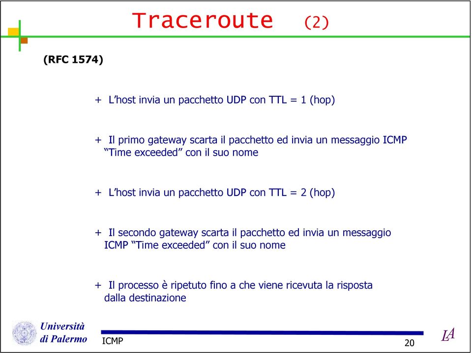 con TTL = 2 (hop) + Il secondo gateway scarta il pacchetto ed invia un messaggio ICMP Time exceeded