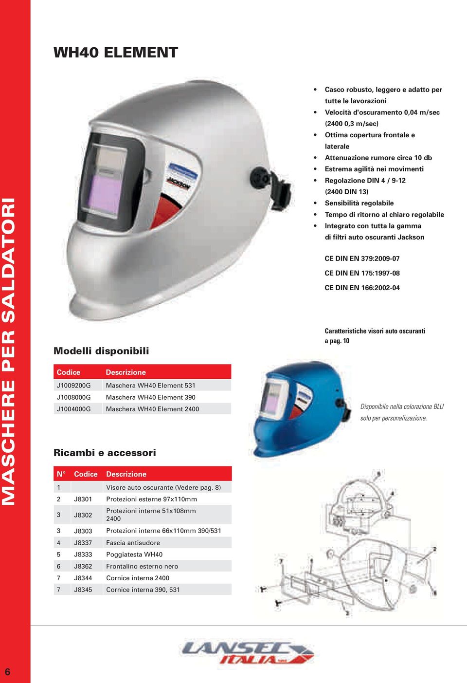 8) 2 J8301 Protezioni esterne 97x110mm 3 J8302 Protezioni interne 51x108mm 2400 3 J8303 Protezioni interne 66x110mm 390/531 4 J8337 Fascia antisudore 5 J8333 Poggiatesta WH40 6 J8362 Frontalino