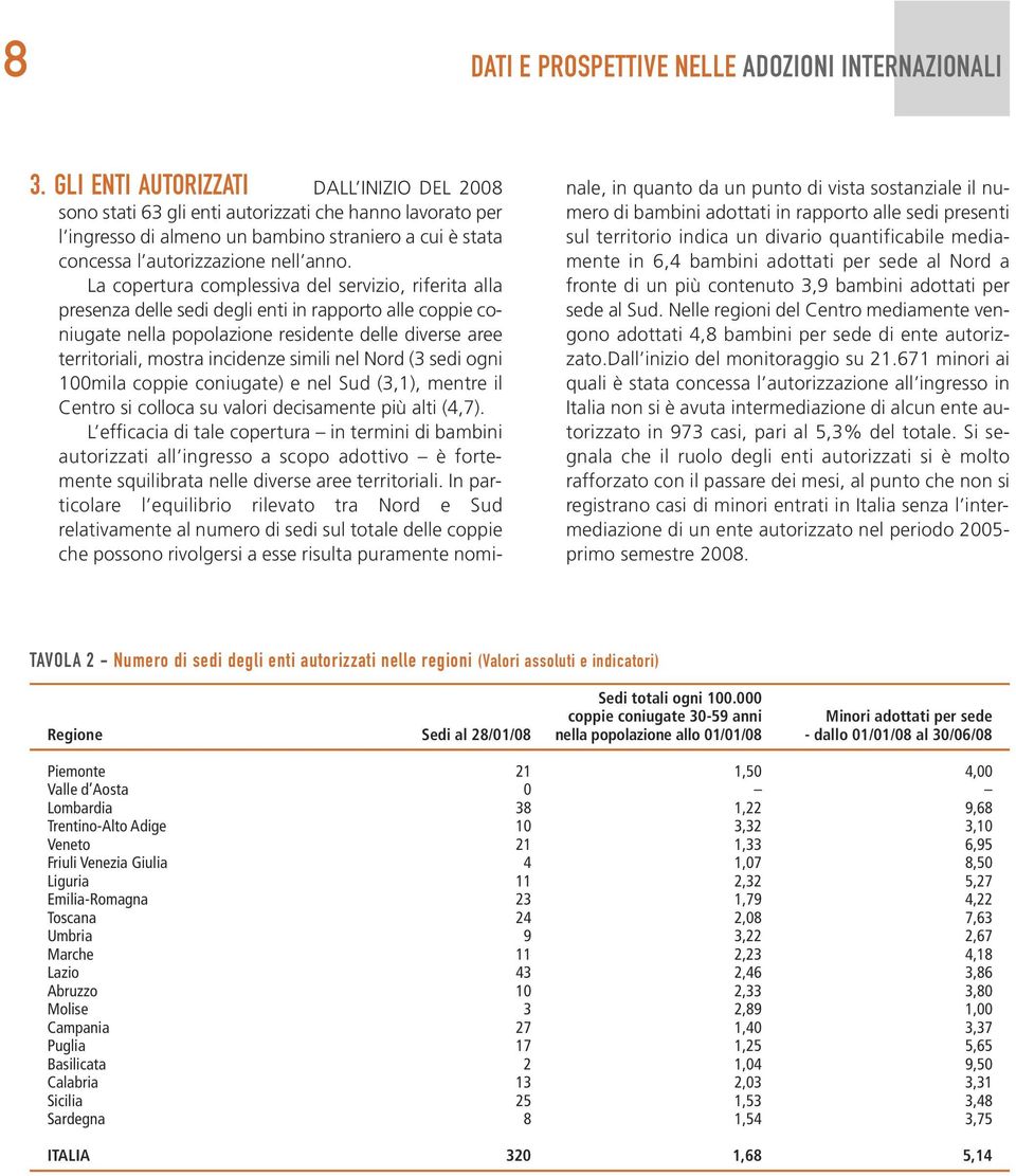 La copertura complessiva del servizio, riferita alla presenza delle sedi degli enti in rapporto alle coppie coniugate nella popolazione residente delle diverse aree territoriali, mostra incidenze