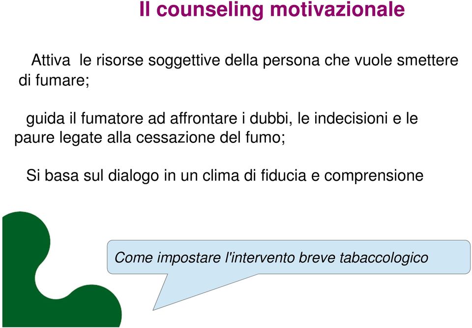 indecisioni e le paure legate alla cessazione del fumo; Si basa sul dialogo