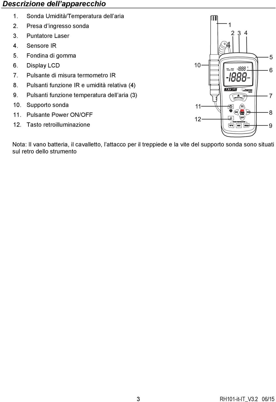 Pulsanti funzione IR e umidità relativa (4) 9. Pulsanti funzione temperatura dell aria (3) 10. Supporto sonda 11.