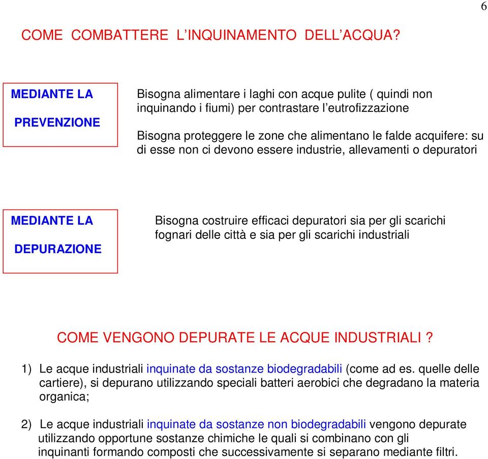 di esse non ci devono essere industrie, allevamenti o depuratori MEDIANTE LA DEPURAZIONE Bisogna costruire efficaci depuratori sia per gli scarichi fognari delle città e sia per gli scarichi