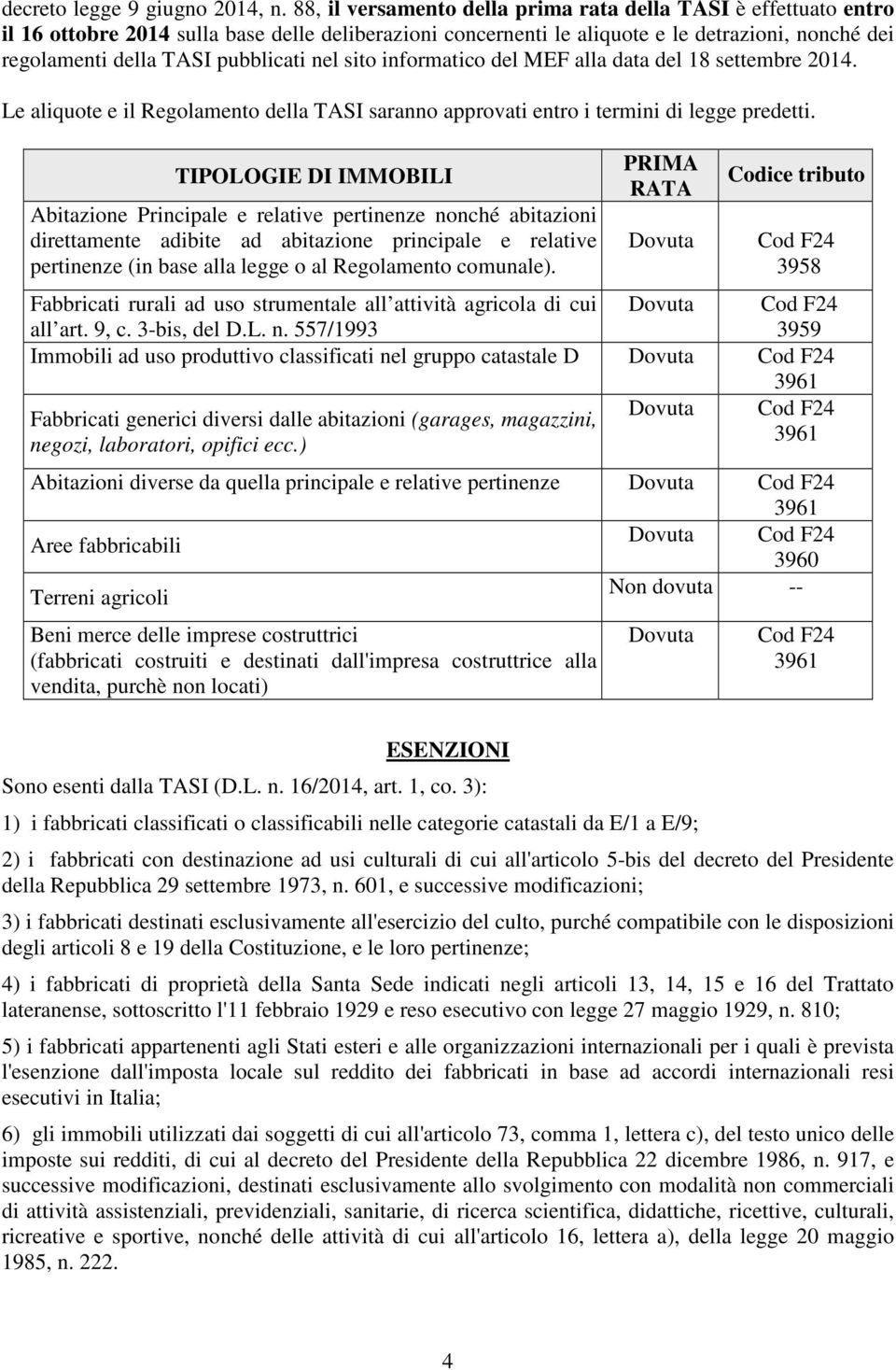 pubblicati nel sito informatico del MEF alla data del 18 settembre 2014. Le aliquote e il Regolamento della TASI saranno approvati entro i termini di legge predetti.