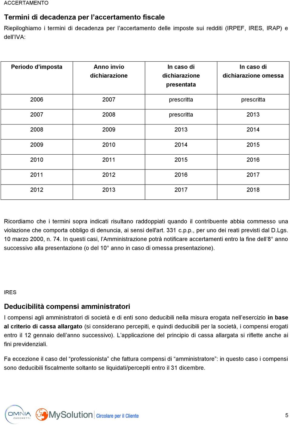 2015 2016 2011 2012 2016 2017 2012 2013 2017 2018 Ricordiamo che i termini sopra indicati risultano raddoppiati quando il contribuente abbia commesso una violazione che comporta obbligo di denuncia,