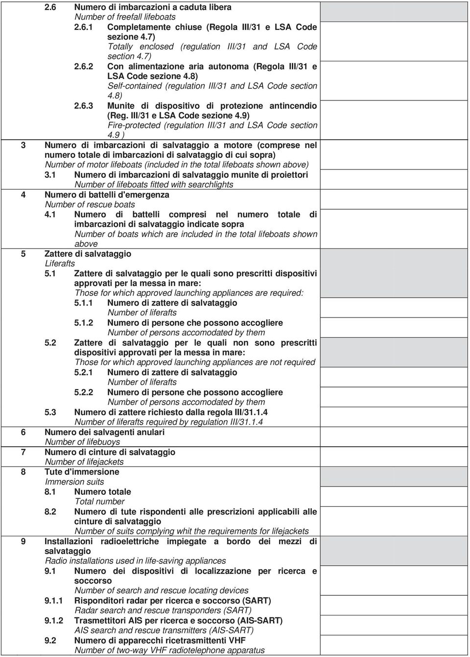 III/31 e LSA Code sezione 4.9) Fire-protected (regulation III/31 and LSA Code section 4.