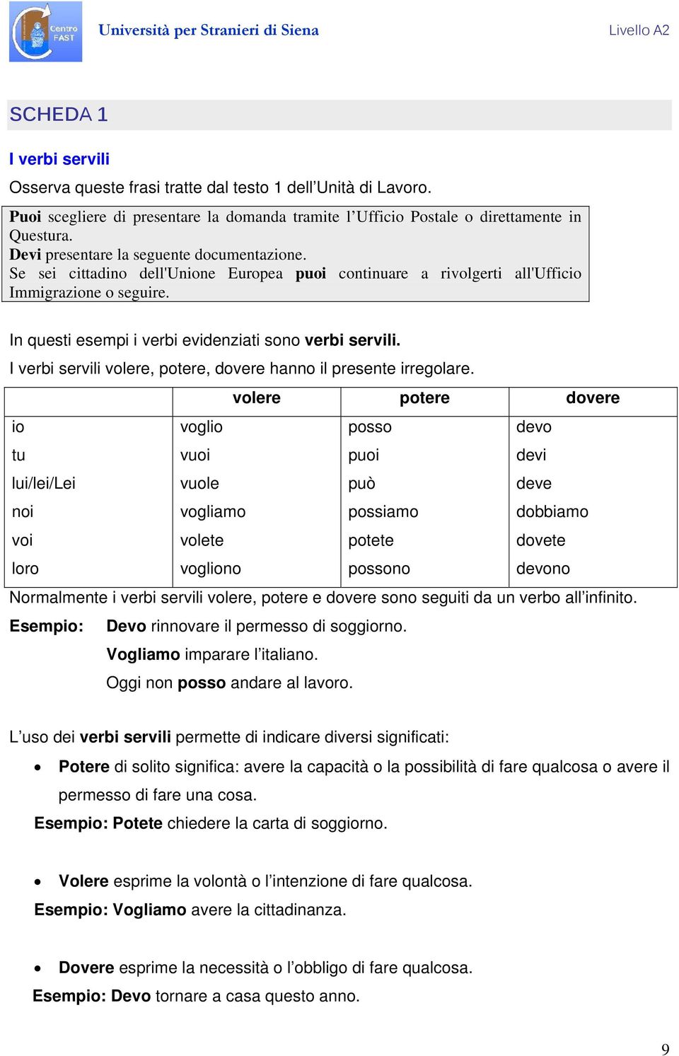 In questi esempi i verbi evidenziati sono verbi servili. I verbi servili volere, potere, dovere hanno il presente irregolare.