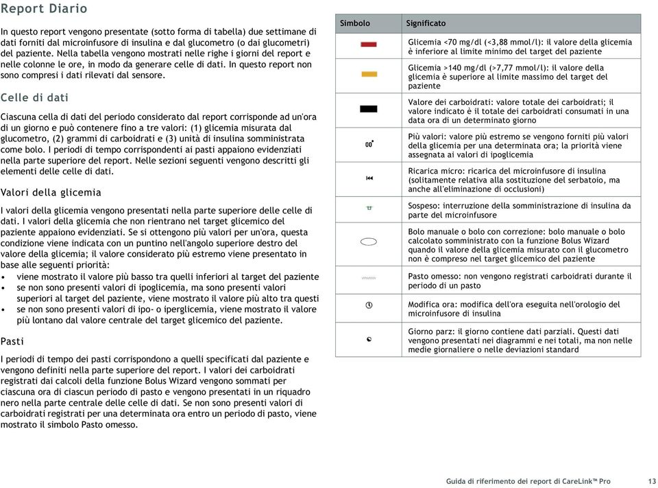 Celle di dati Ciascuna cella di dati del periodo considerato dal report corrisponde ad un'ora di un giorno e può contenere fino a tre valori: (1) glicemia misurata dal glucometro, (2) grammi di