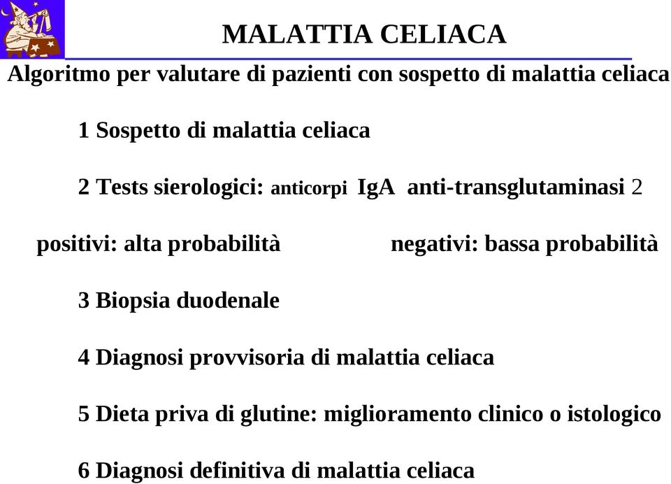 negativi: bassa probabilità 3 Biopsia duodenale 4 Diagnosi provvisoria di malattia celiaca 5