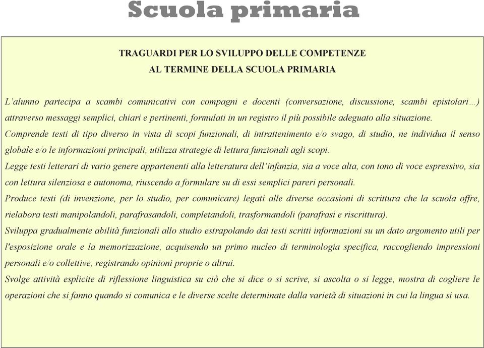 Comprende testi di tipo diverso in vista di scopi funzionali, di intrattenimento e/o svago, di studio, ne individua il senso globale e/o le informazioni principali, utilizza strategie di lettura