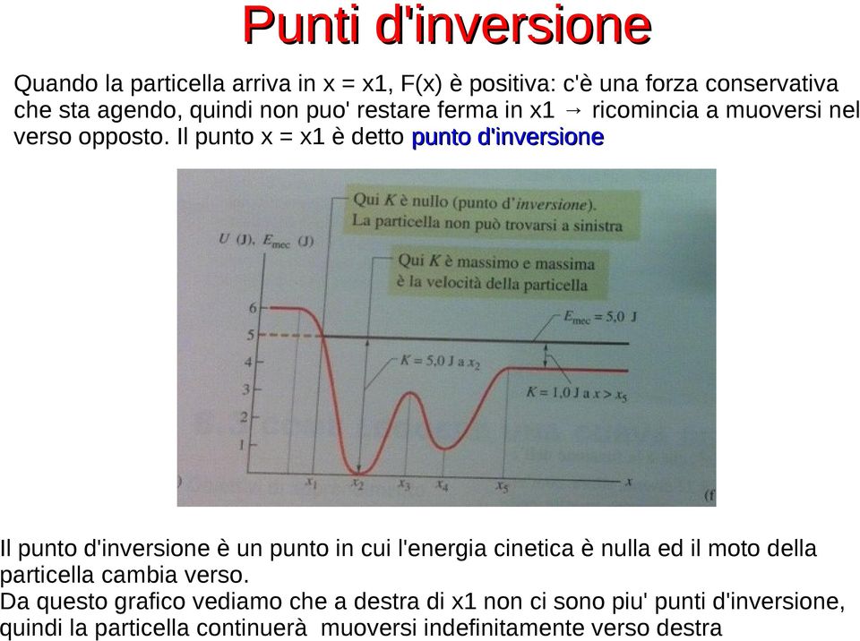 indefinitamente verso destra Punti d'inversione Quando la particella arriva in x = x1, F(x) è positiva: c'è una forza