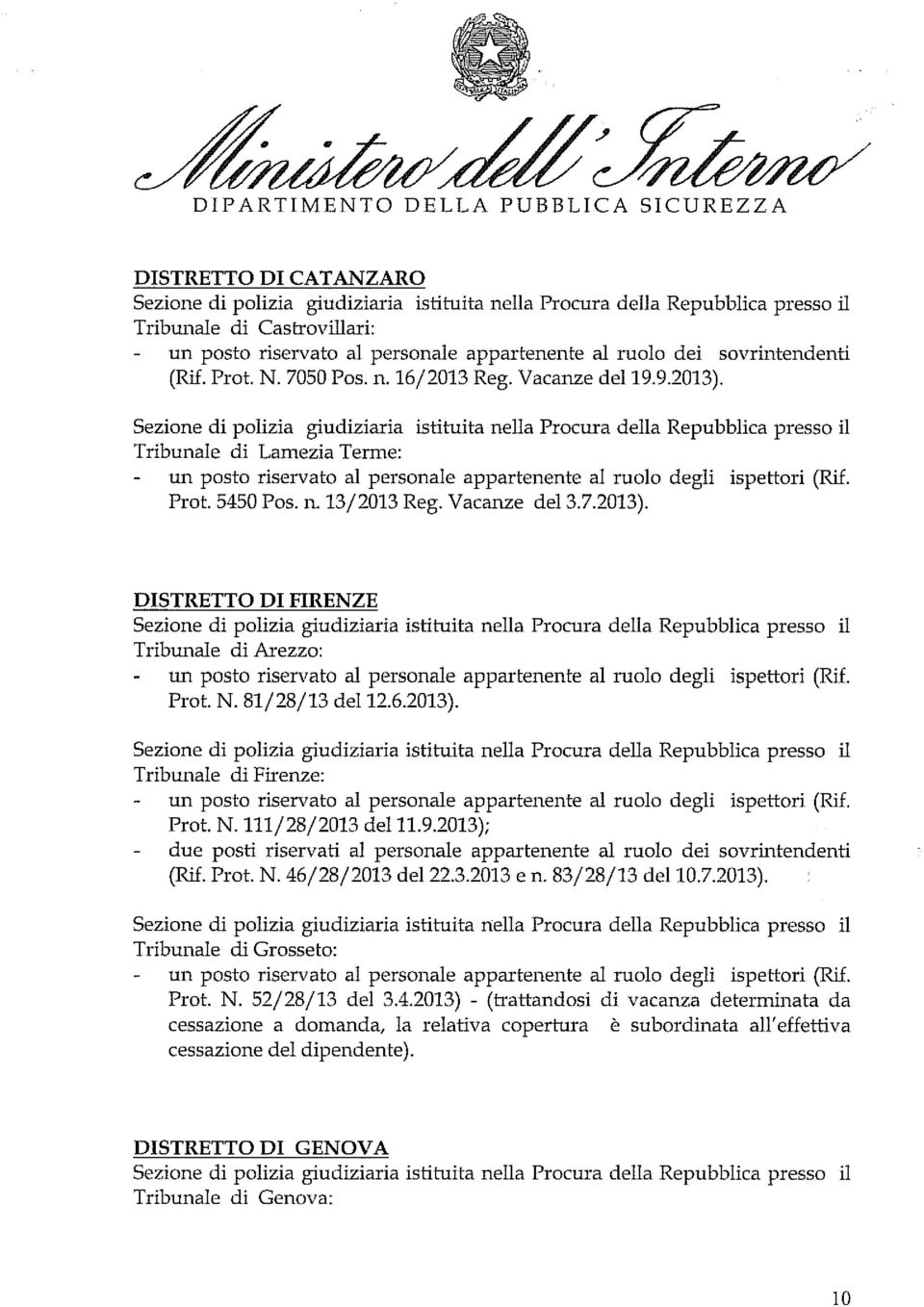 9.2013); due posti riservati al personale appartenente al ruolo dei sovrintendenti (Rif. Prot. N. 46/28/2013 del22.3.2013 e n. 83/28/13 del10.7.2013). Tribunale di Grosseto: Prot. N. 52/28/13 del 3.