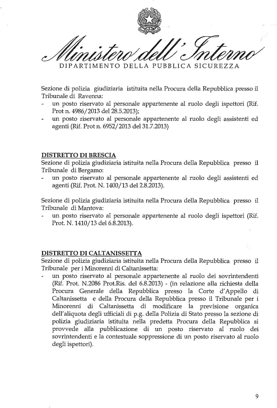 assistenti ed agenti (Rif. Prot. N. 1400/13 del2.8.2013).