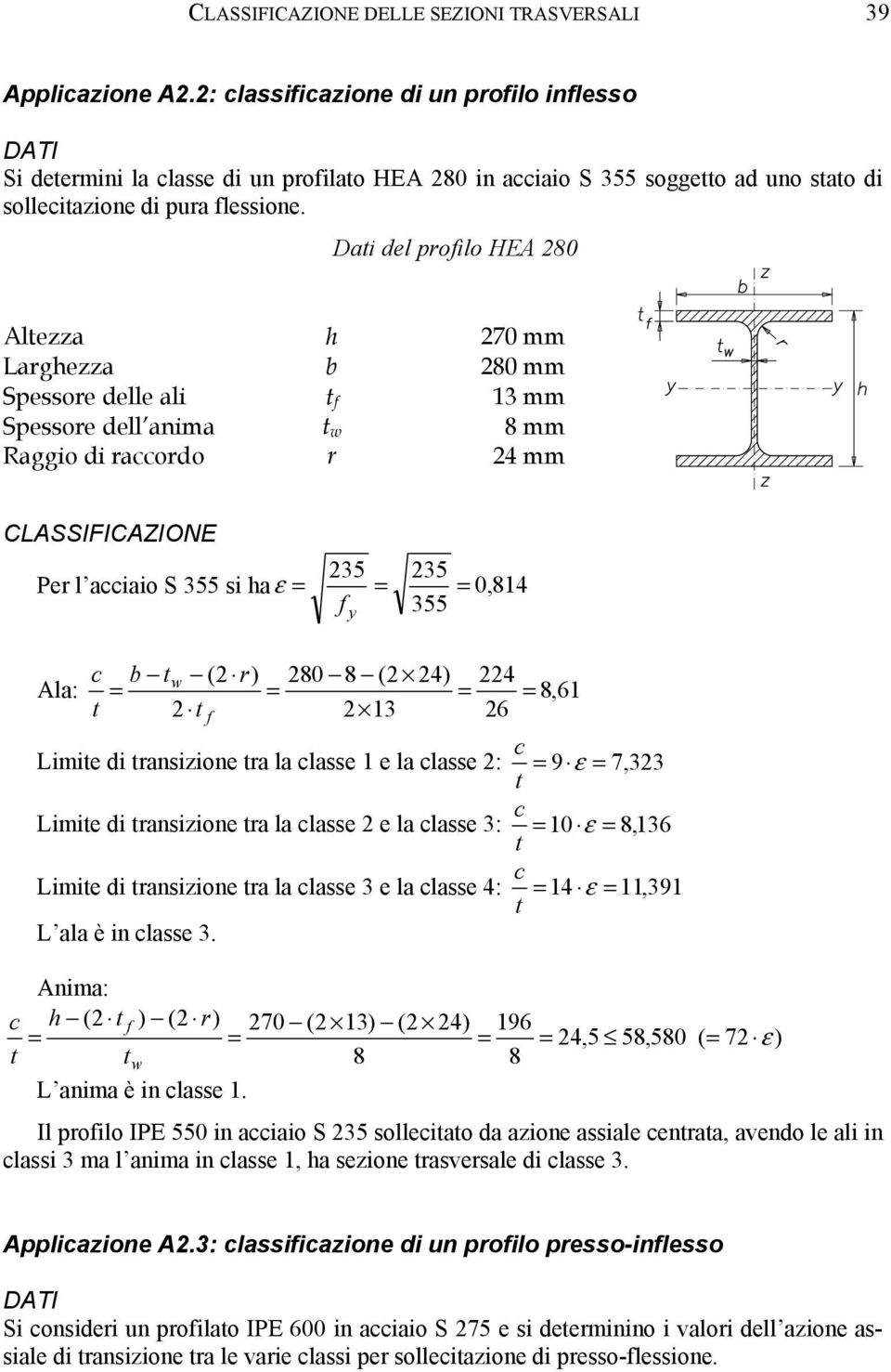 Dati del profilo HEA 280 Altezza h 270 mm Larghezza b 280 mm Spessore delle ali t f 13 mm Spessore dell anima t w 8 mm Raggio di raccordo r 24 mm CLASSIFICAZIONE 235 235 Per l acciaio S 355 si ha ε =