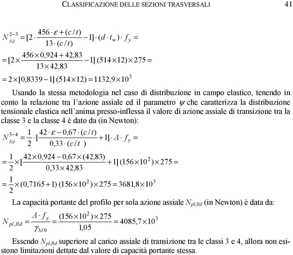 presso-inflessa il valore di azione assiale di transizione tra la classe 3 e la classe 4 è dato da (in Newton): N 1 42 ε 0,67 ( c / t) = [ + 1] A 2 0,33 ( c / t ) 1 42 0,924 0,67 (42,83) 2 = [ + 1]