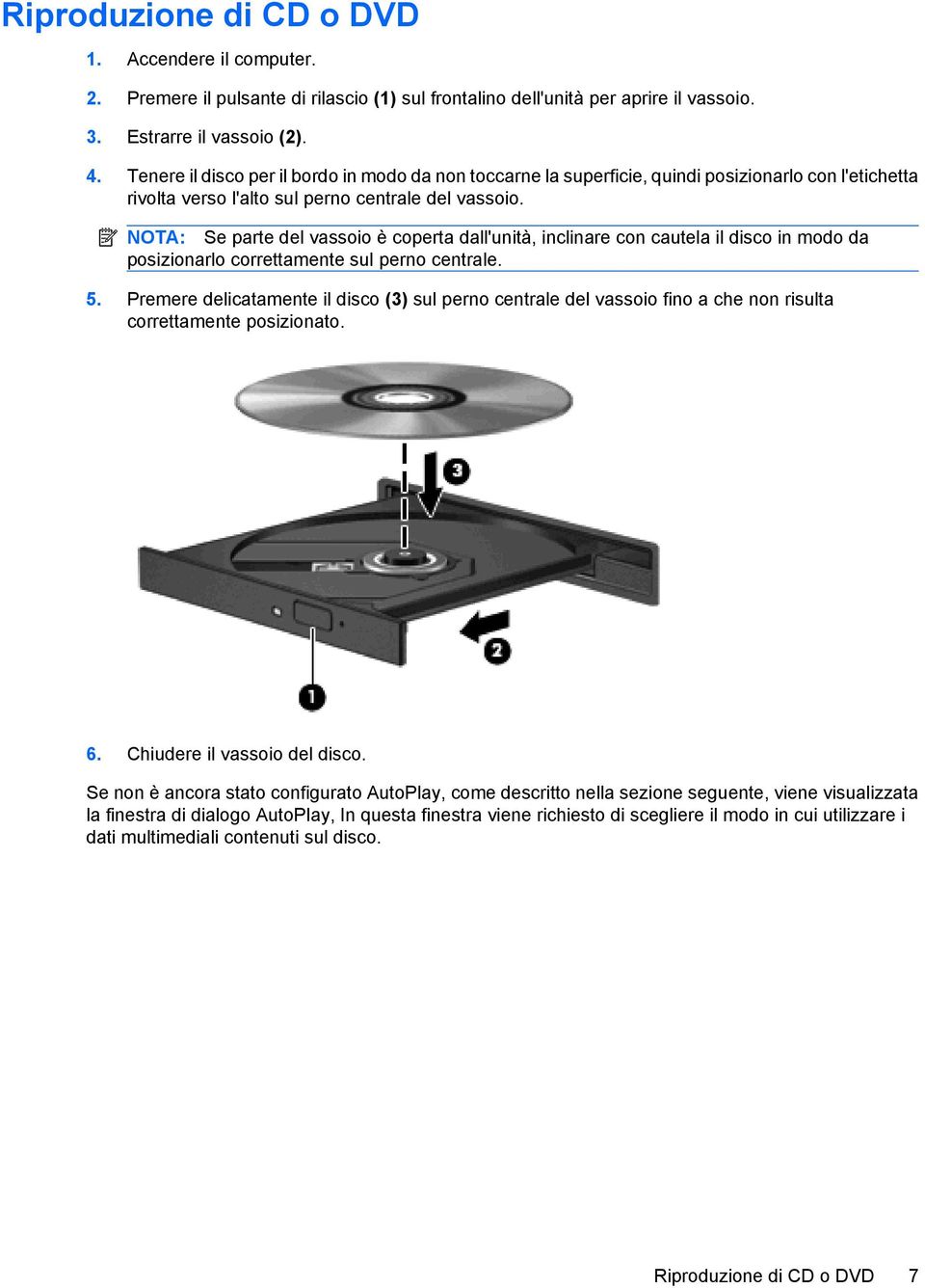 NOTA: Se parte del vassoio è coperta dall'unità, inclinare con cautela il disco in modo da posizionarlo correttamente sul perno centrale. 5.