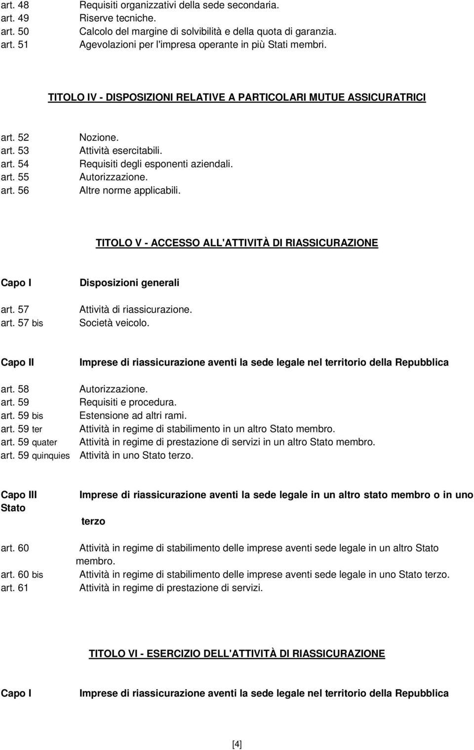 Requisiti degli esponenti aziendali. Autorizzazione. Altre norme applicabili. TITOLO V - ACCESSO ALL'ATTIVITÀ DI RIASSICURAZIONE Capo I art. 57 art.