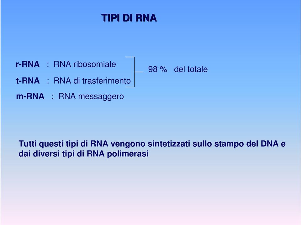 totale Tutti questi tipi di RNA vengono