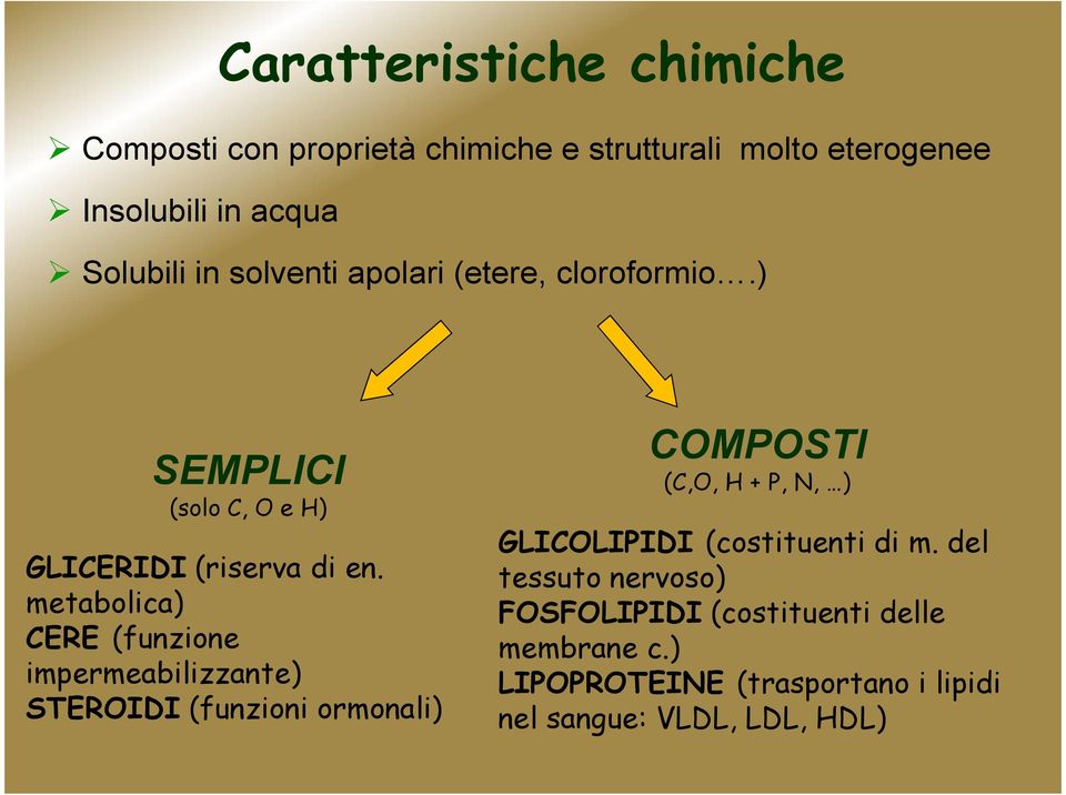 metabolica) CERE (funzione impermeabilizzante) STEROIDI (funzioni ormonali) COMPOSTI (C,O, H + P, N, ) GLICOLIPIDI