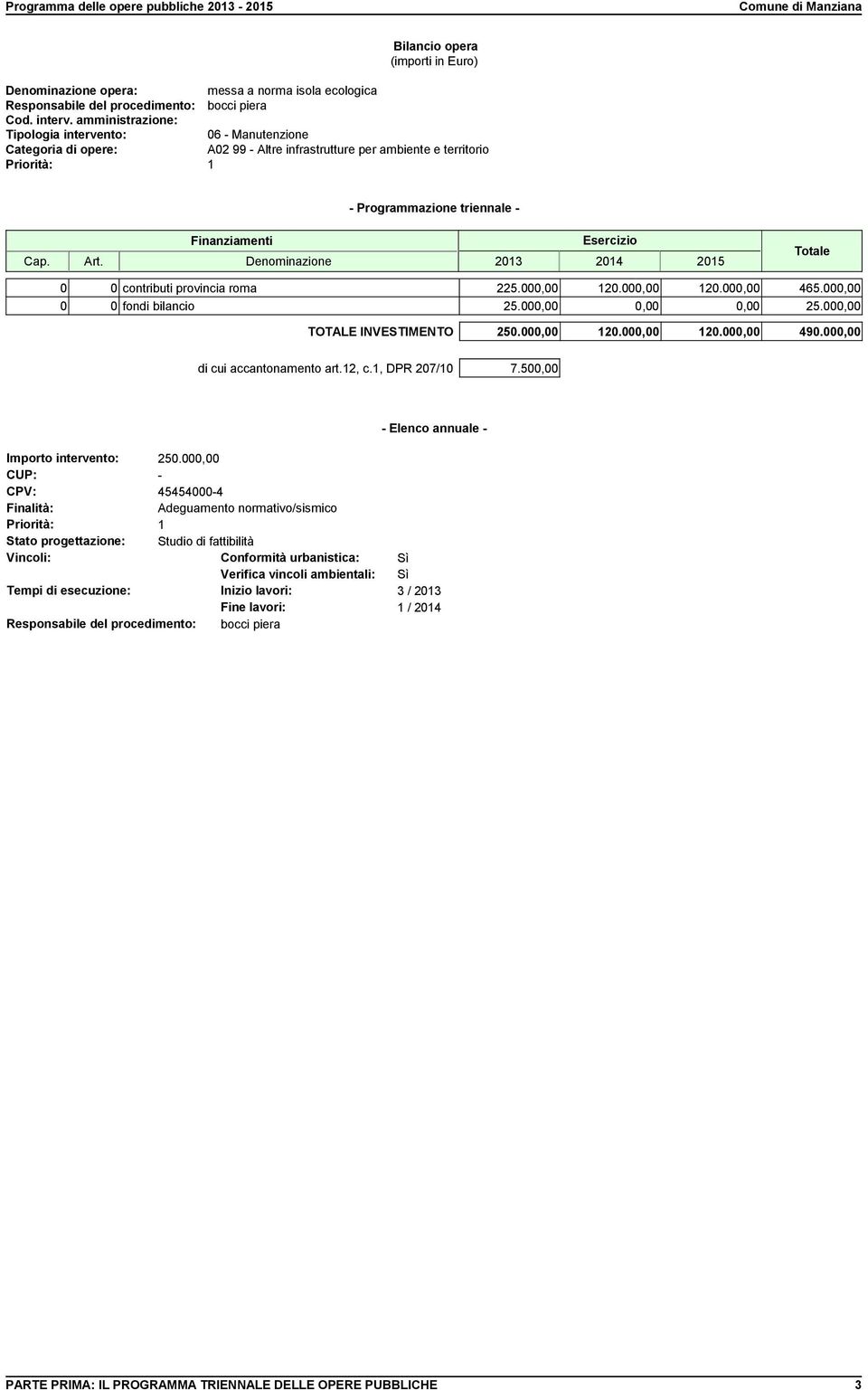 500,00 - Elenco annuale - Importo intervento: 250.