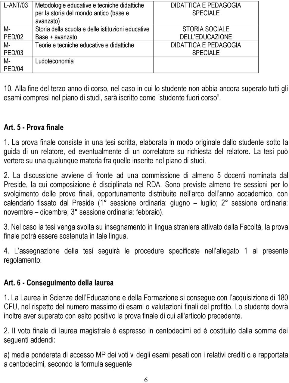 Alla fine del terzo anno di corso, nel caso in cui lo studente non abbia ancora superato tutti gli esami compresi nel piano di studi, sarà iscritto come studente fuori corso. Art. 5 - Prova finale 1.