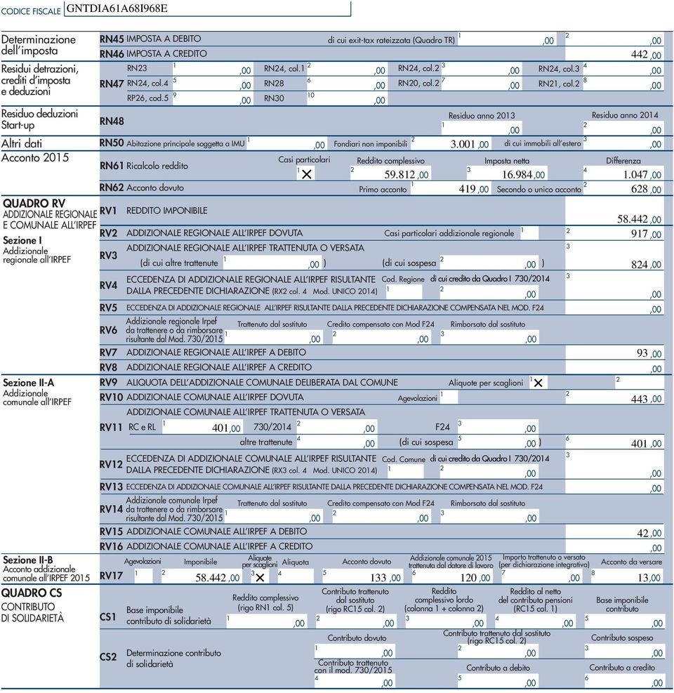 RN0 RN RN0 QUADRO RV ADDIZIONALE REGIONALE RV E COMUNALE ALL IRPEF RV Sezione I Addizionale regionale all IRPEF RV Sezione II-A Addizionale comunale all IRPEF Sezione II-B Acconto addizionale