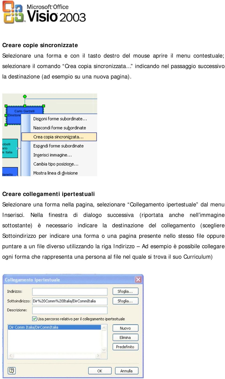 Nella finestra di dialogo successiva (riportata anche nell immagine sottostante) è necessario indicare la destinazione del collegamento (scegliere Sottoindirizzo per indicare una forma o una