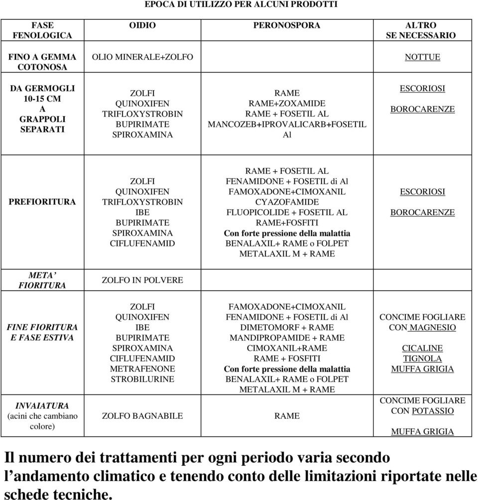 FAMOXADONE+CIMOXANIL CYAZOFAMIDE FLUOPICOLIDE + FOSETIL AL RAME+FOSFITI Con forte pressione della malattia BENALAXIL+ RAME o FOLPET METALAXIL M + RAME ESCORIOSI BOROCARENZE META FIORITURA ZOLFO IN