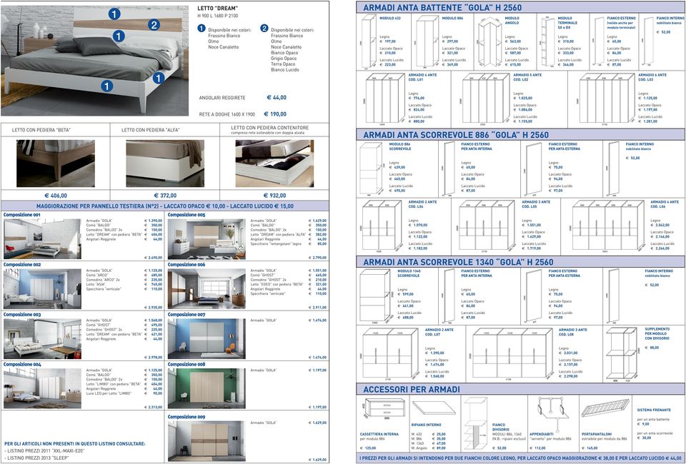 L01 MODULO 886 297,00 321,00 349,00 580 886 432 886 580 MODULO ANGOLO 563,00 587,00 615,00 ARMADIO 5 ANTE COD.