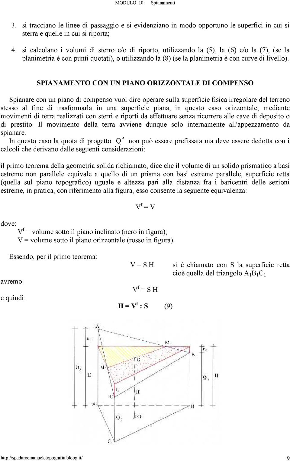 SPIANAMENTO CON UN PIANO ORIZZONTALE DI COMPENSO Spianare con un piano di compenso vuol dire operare sulla superficie fisica irregolare del terreno stesso al fine di trasformarla in una superficie