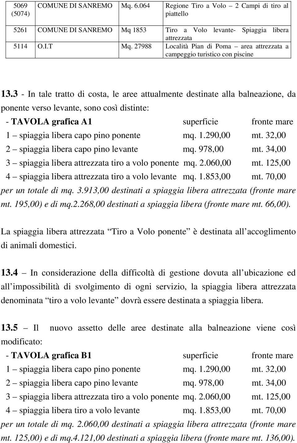 3 - In tale tratto di costa, le aree attualmente destinate alla balneazione, da ponente verso levante, sono così distinte: - TAVOLA grafica A1 superficie fronte mare 1 spiaggia libera capo pino