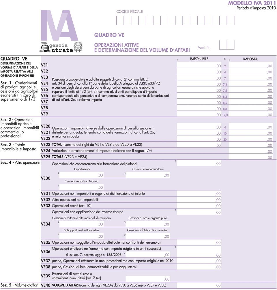 - Operazioni imponibili agricole e operazioni imponibili commerciali o professionali VE VE VE VE VE5 VE6 VE7 VE8 VE9 QUADRO VE OPERAZIONI ATTIVE E DETERMINAZIONE DEL VOLUME D AFFARI Passaggi a