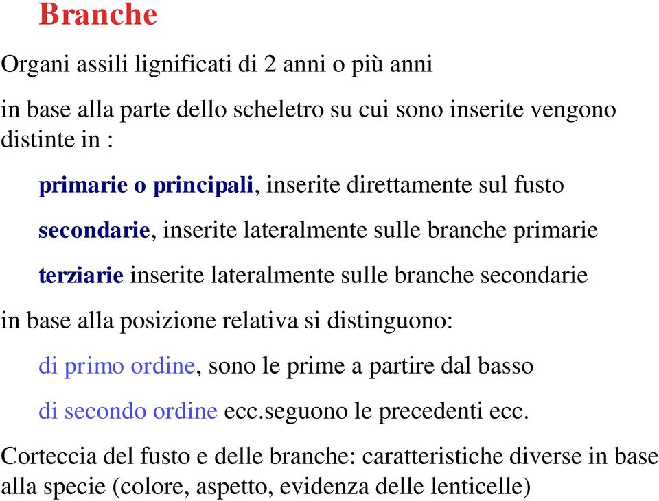 branche secondarie in base alla posizione relativa si distinguono: di primo ordine, sono le prime a partire dal basso di secondo ordine ecc.